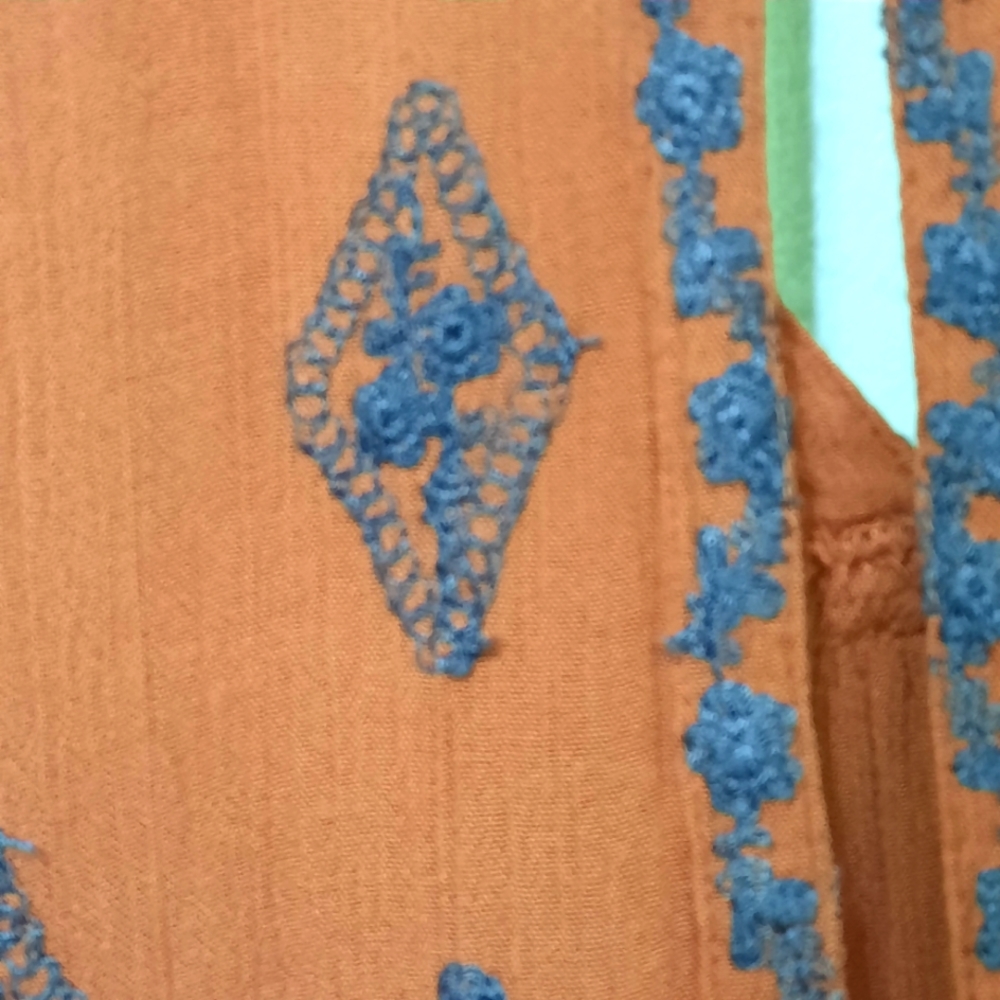 FREE PEOPLE Flowy Boho Tunic Dress Cottage Embroidered Burnt Orange Blu Roomy XS - Picture 6 of 11